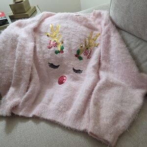 HOLIDAY TIME Pink Fuzzy Reindeer Women Sweater 20W-22W